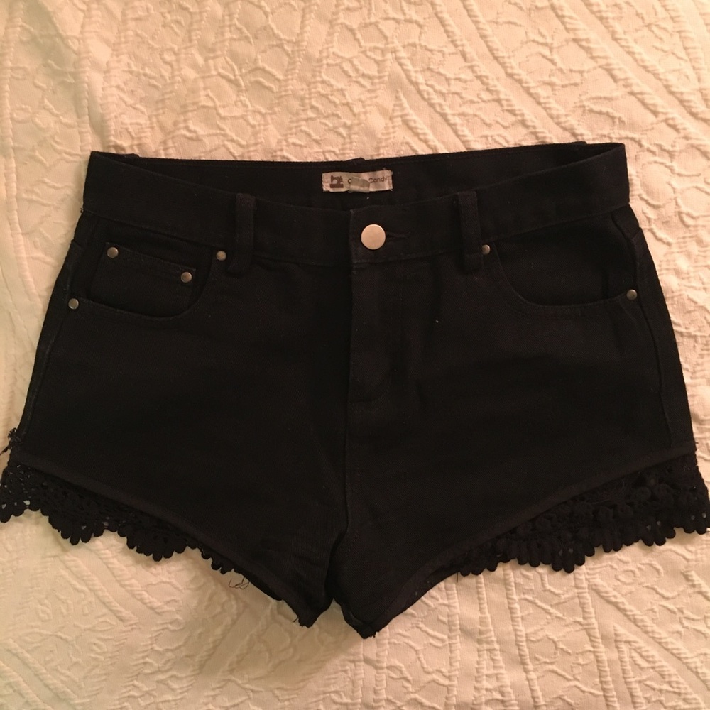 Black jean shorts with crochet/ lace trim